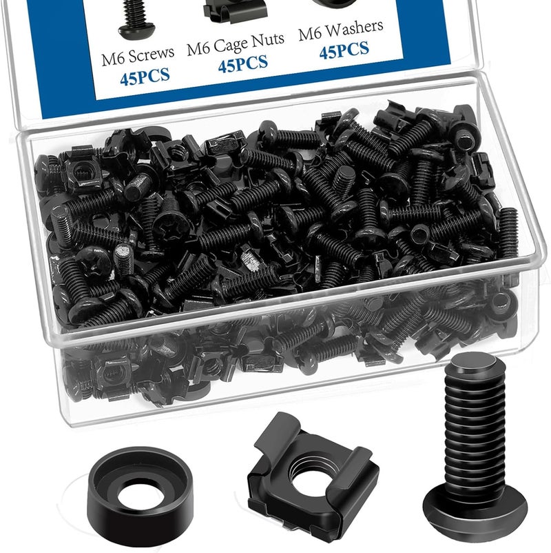 Sunxeke 45 Pack M6 x 16mm Rack Mount Screws,Cage Nuts for Rack Mount Server Shelves,Routers,Rack Mount Server Cabinet.Server Rack Screws,Square Insert Nuts and Washers with Box - Image 1